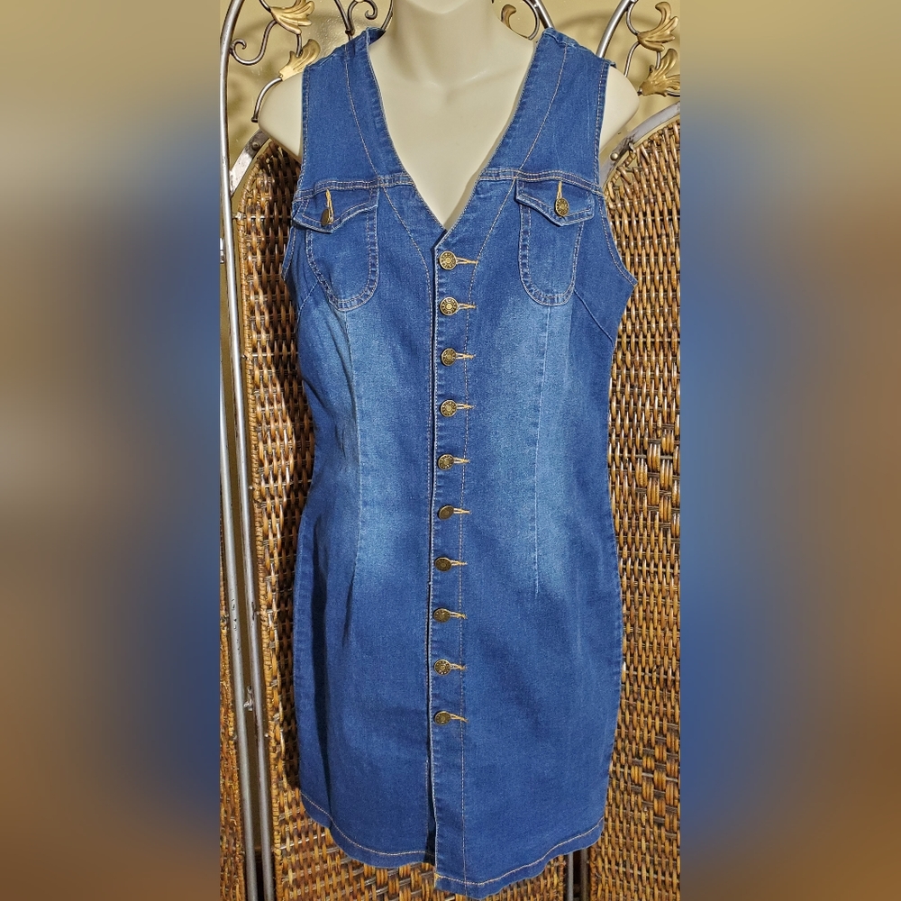Stretchy Blue Denim Dress Button Front